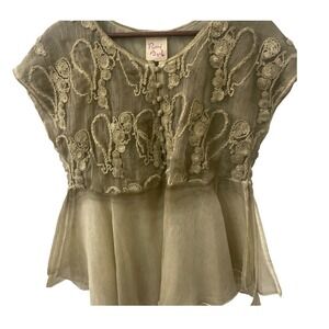 Pretty Angel Sheer Embroidered Peplum Top Olive  Linen Blend Women's M/L(Read)